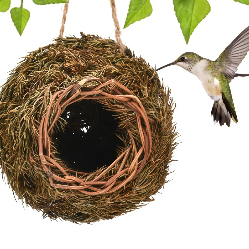 DOWNYPAWS - Cage à oiseaux en paille tissée à la main - maison d'oiseaux écologique créative, décoration de jardin respirante