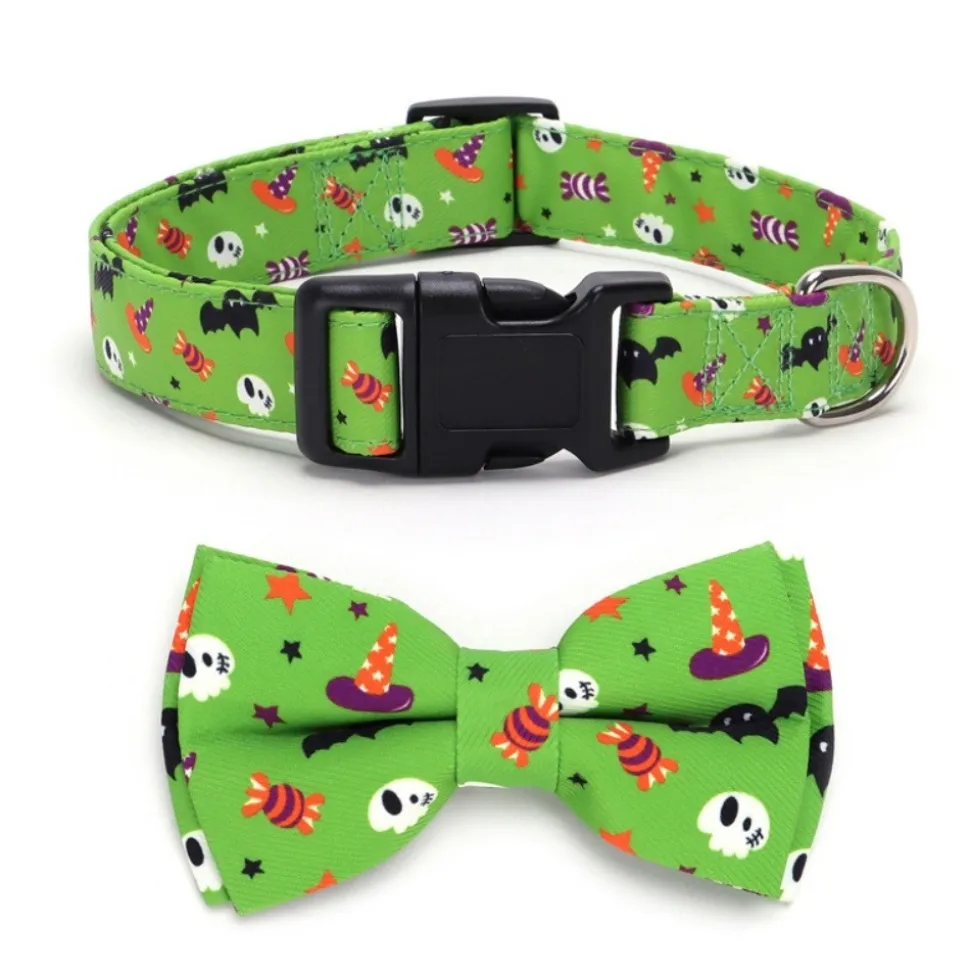 DOWNYPAWS - Collier pour chien d'halloween avec motifs de citrouille, fantôme et chauve - souris taille s : 1,5*40cm vert