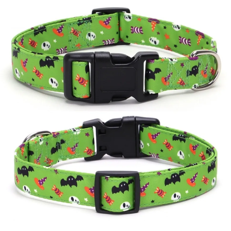 DOWNYPAWS - Collier pour chien d'halloween avec motifs de citrouille, fantôme et chauve - souris taille s : 1,5*40cm vert