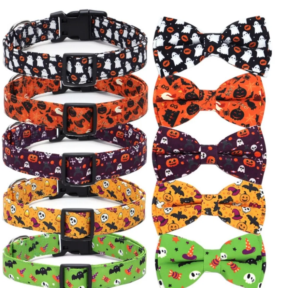 DOWNYPAWS - Collier pour chien d'halloween avec motifs de citrouille, fantôme et chauve - souris taille s : 1,5*40cm vert