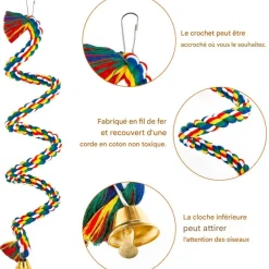 DOWNYPAWS - Jouets pour oiseaux-jouet à corde pour oiseaux 100cm-forme réglable avec cloche