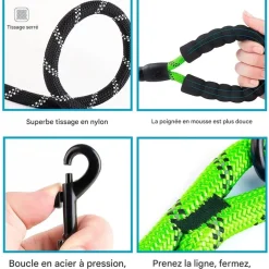 DOWNYPAWS - Laisse de dressage pour chien- vert réfléchissant 1.5m