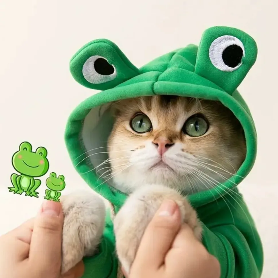 DOWNYPAWS - Sweat à capuche tricoté, thème grenouille, pour chatons