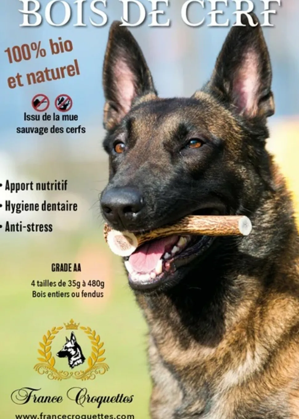 FRANCE CROQUETTES - 3x bois de cerf xxl entier (200/300gr) - chien <50kg - france croquettes