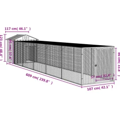 HELLOSHOP26 - Poulailler enclos cage poules avec cour clair 117 x 609 x 123 cm acier galvanisé gris