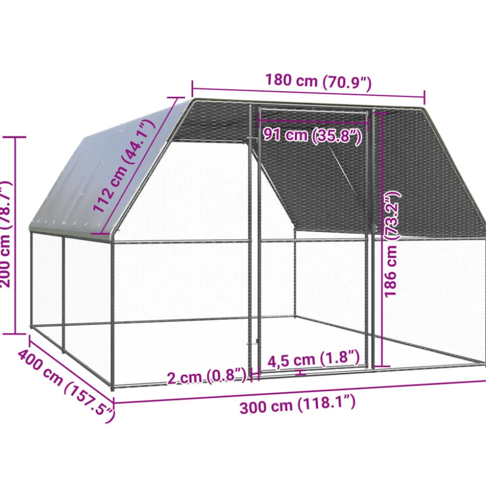 HELLOSHOP26 - Poulailler enclos cage poules d'extérieur 3 x 4 x 2 m acier galvanisé argent