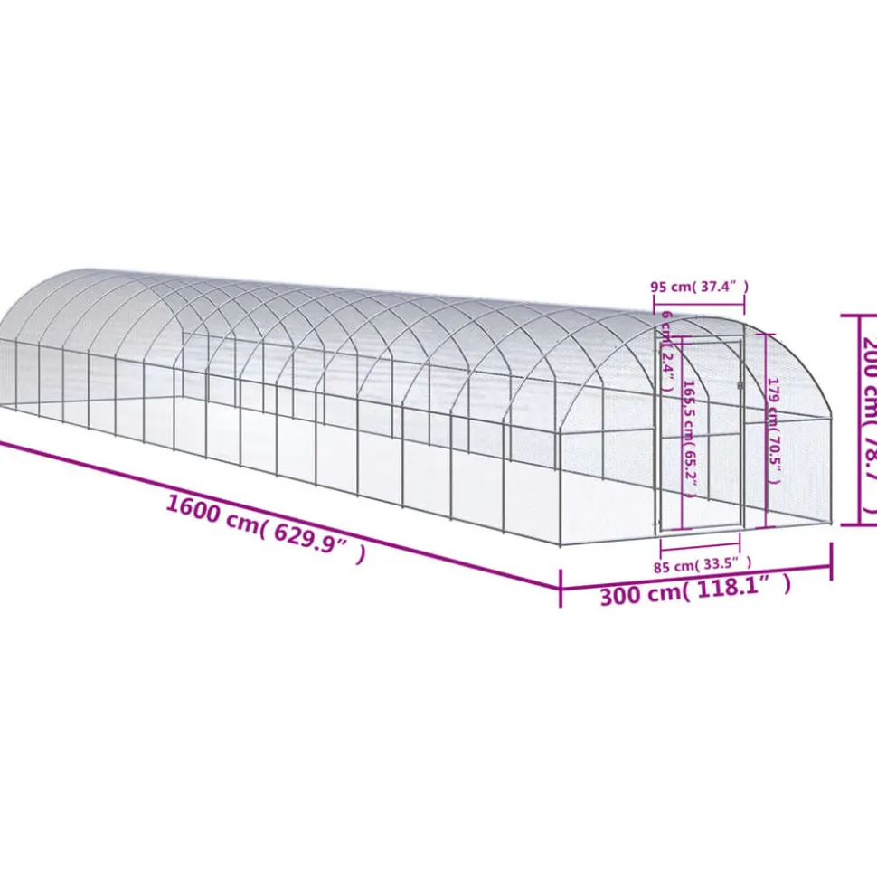 HELLOSHOP26 - Poulailler enclos cage poules d'extérieur 3 x 16 x 2 m acier galvanisé argent