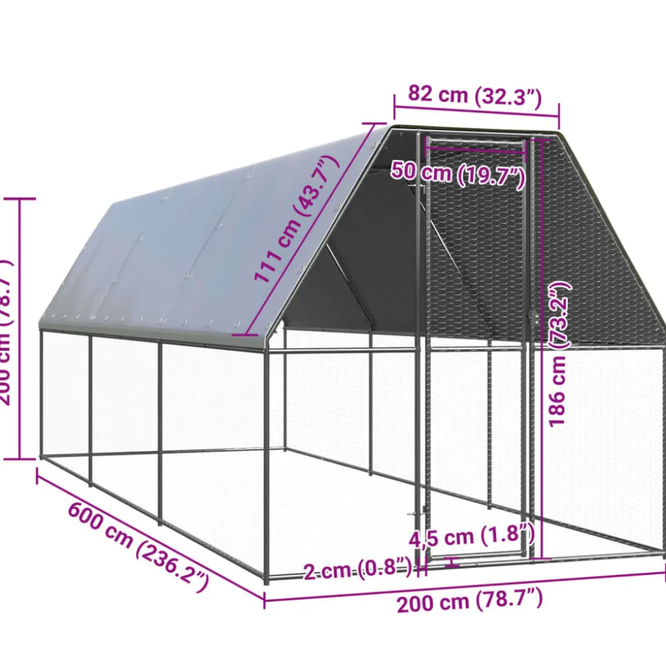 HELLOSHOP26 - Poulailler enclos cage poules d'extérieur 2 x 6 x 2 m acier galvanisé argent