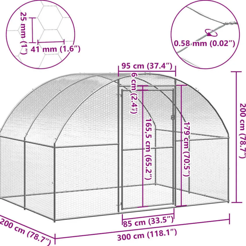 HELLOSHOP26 - Poulailler enclos cage poules d'extérieur 3 x 2 x 2 m acier galvanisé argent