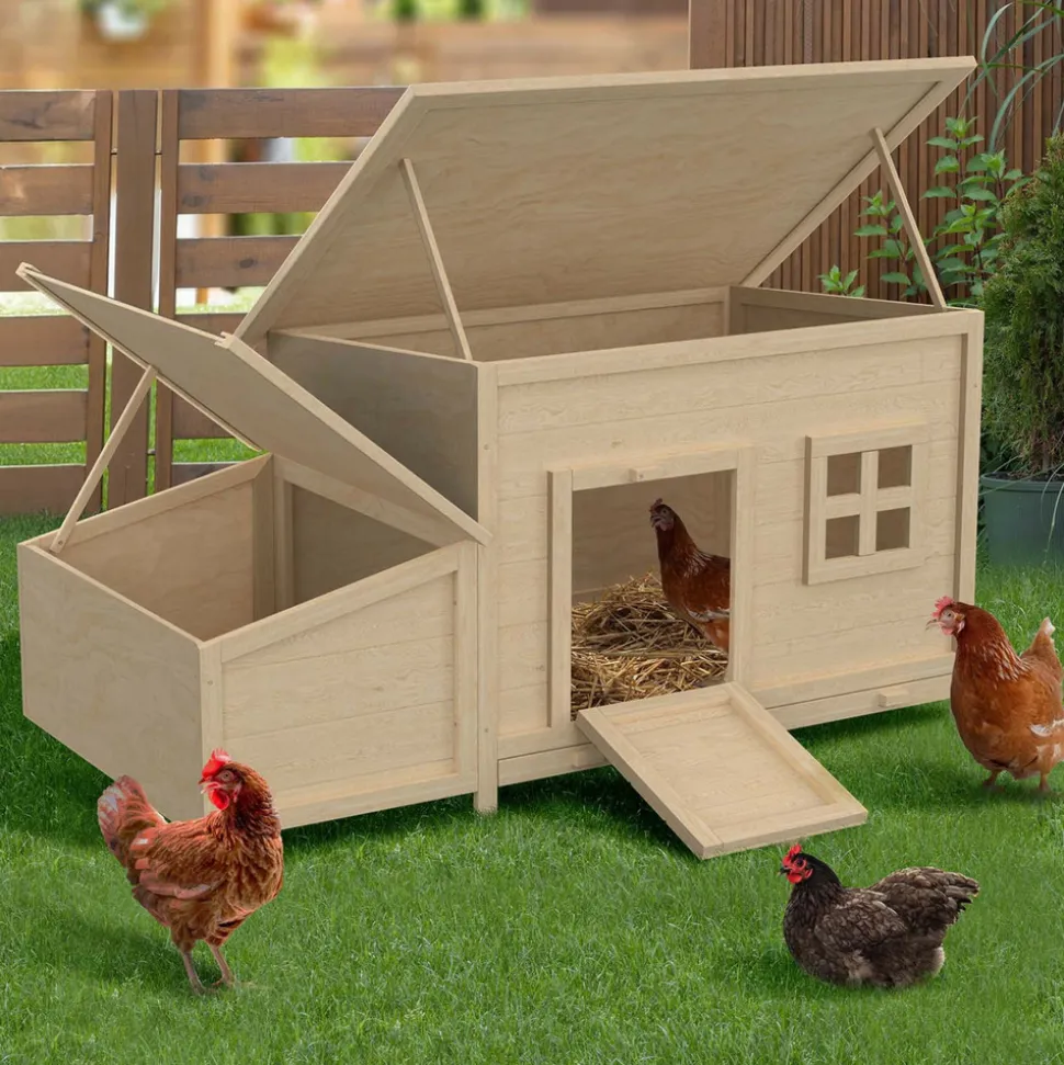 IDMARKET - Poulailler toit plat pour poules sur pilotis avec pondoir en bois, capacité jusqu'à 6 poules