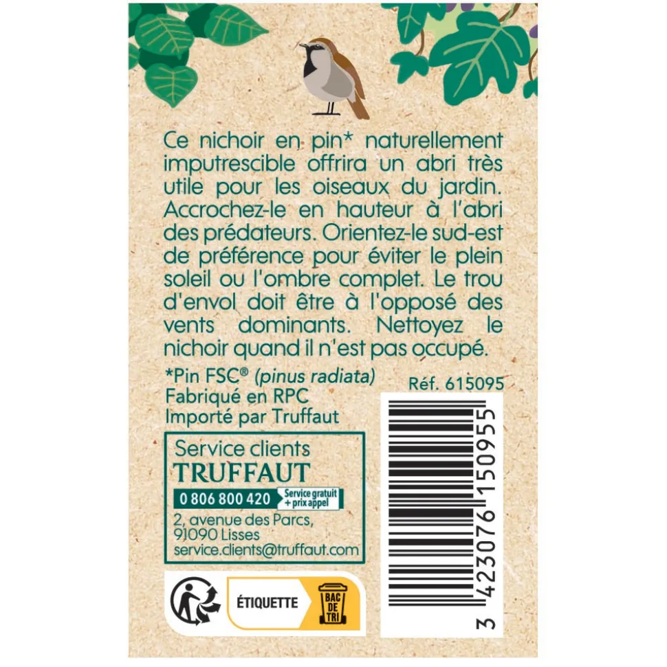 TRUFFAUT BIODIVERSITÉ - Nichoir Raphia pour oiseaux du jardin - L.12 x l.12 x H.16 cm