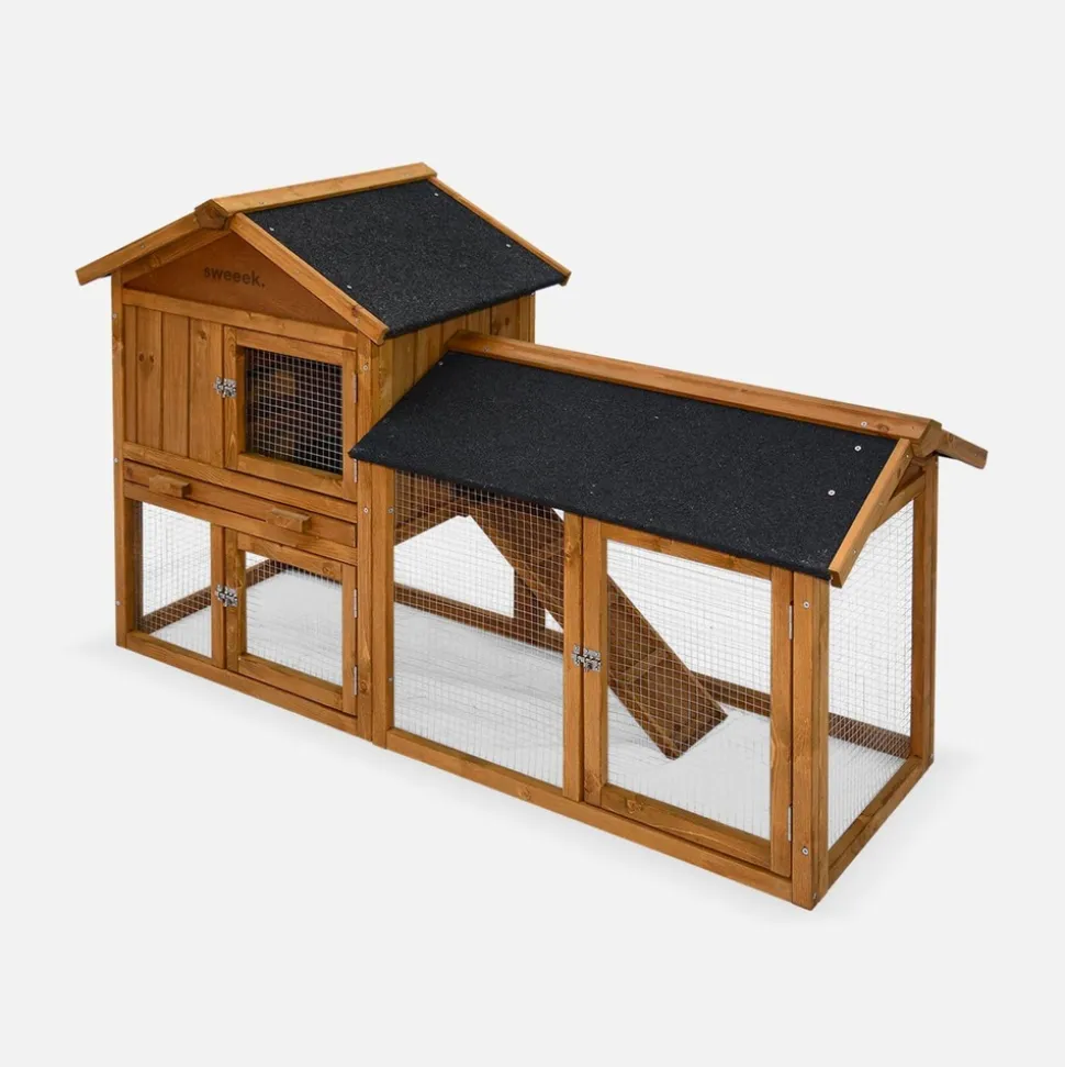 Clapier en bois hotot pour lapin et autres rongeurs. 4 lapins. Cage à lapin avec enclos. Espace intérieur et extérieur. Poulailler
