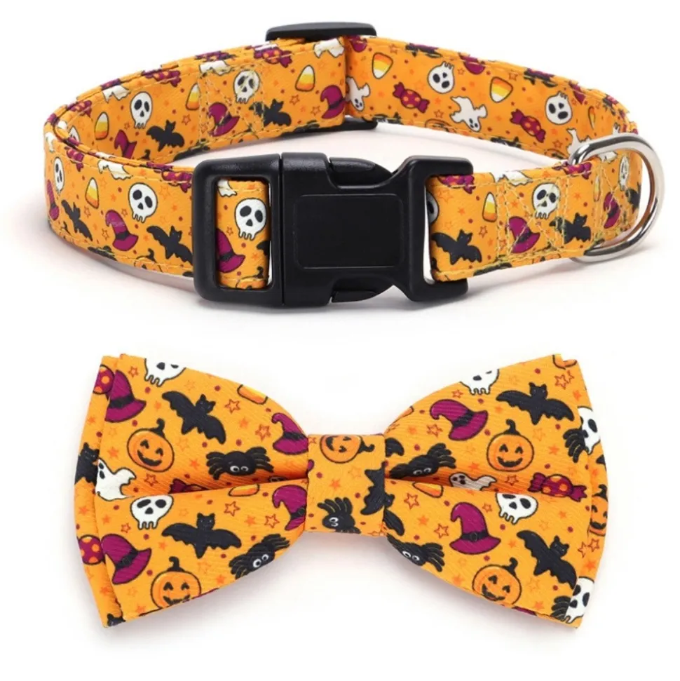 DOWNYPAWS - Collier pour chien d'halloween avec motifs de citrouille, fantôme et chauve - souris taille m : 2,0*50cm jaune