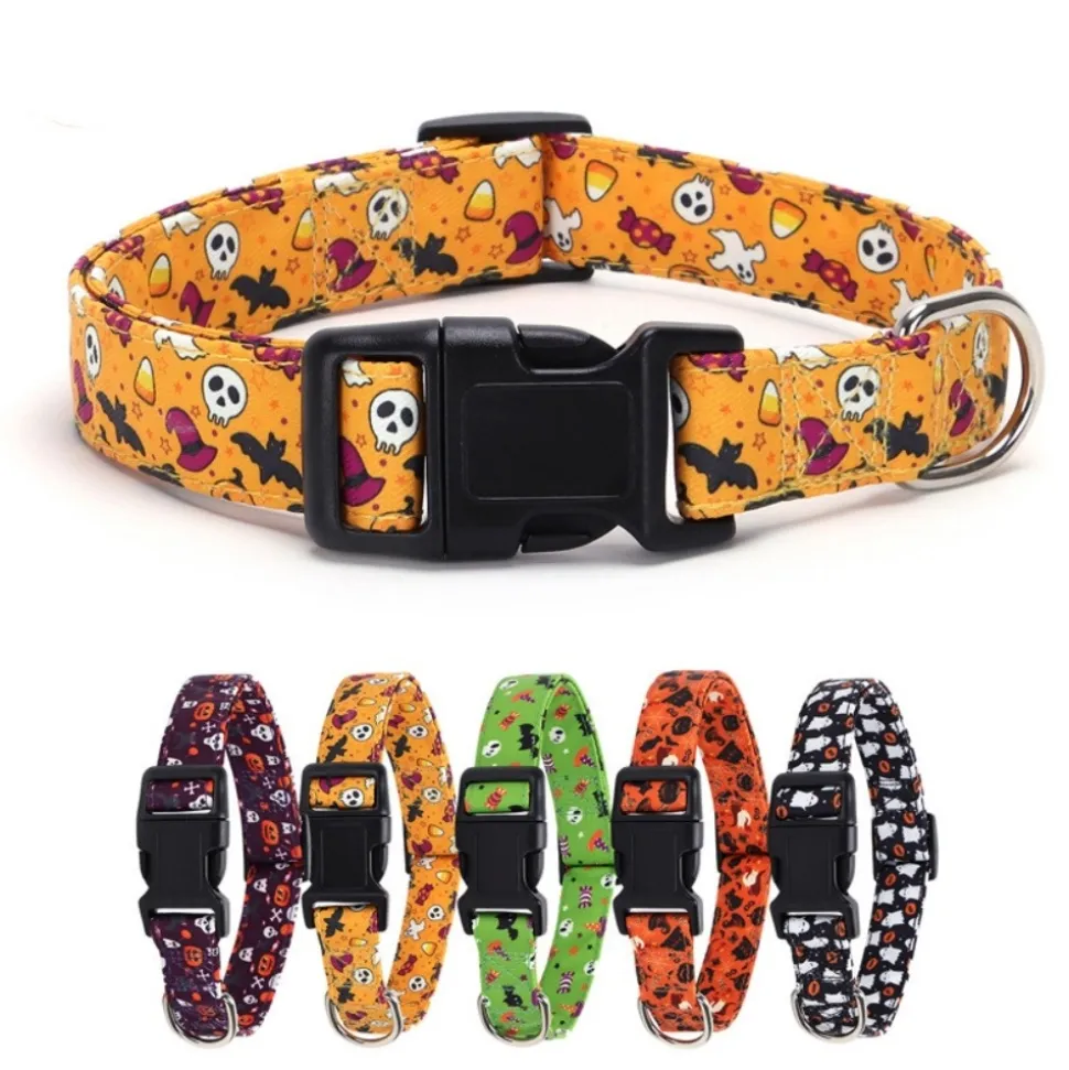 DOWNYPAWS - Collier pour chien d'halloween avec motifs de citrouille, fantôme et chauve - souris taille l : 2,5*60cm jaune