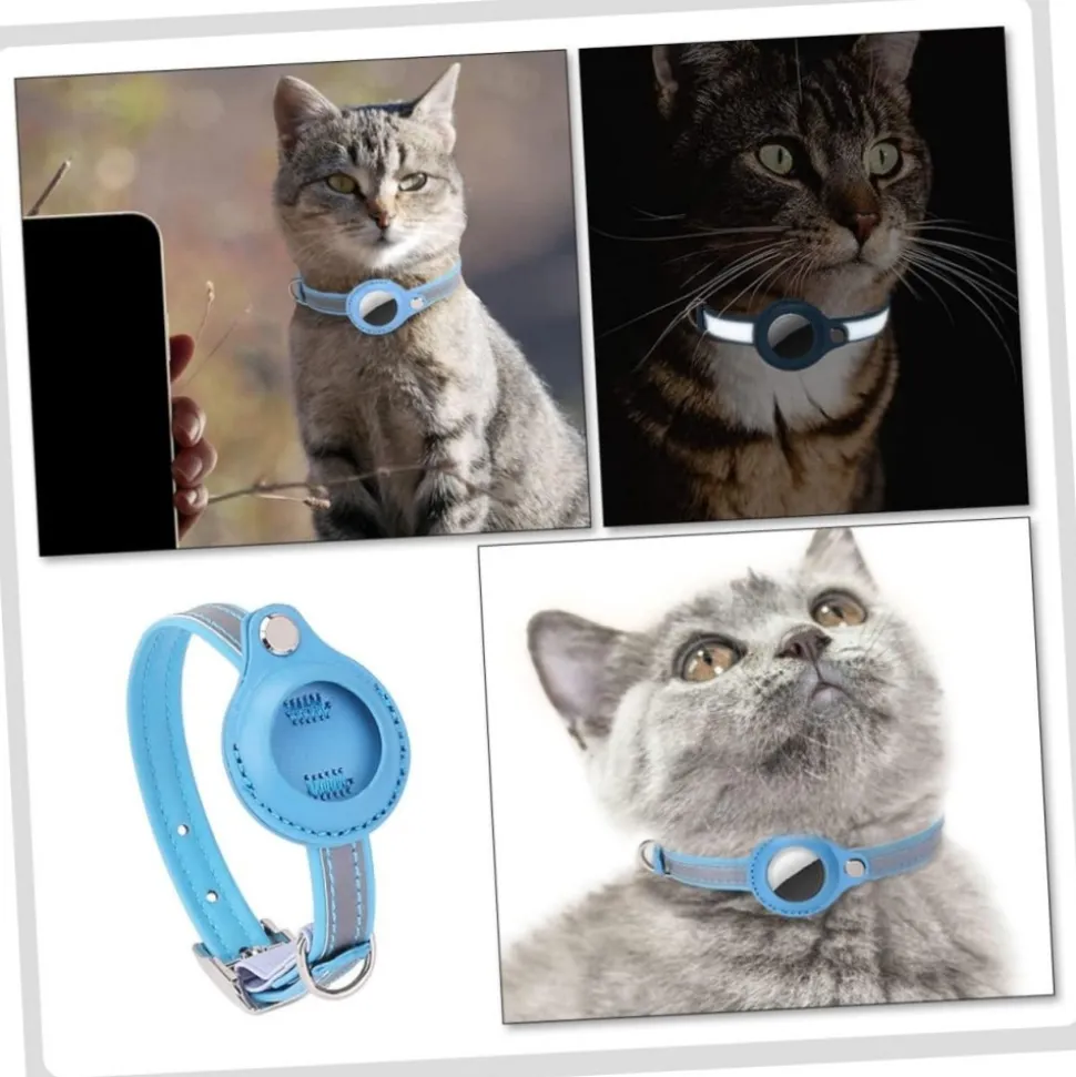 DOWNYPAWS - Collier traqueur gps pour chats et chiens - en cuir synthétique bleu m