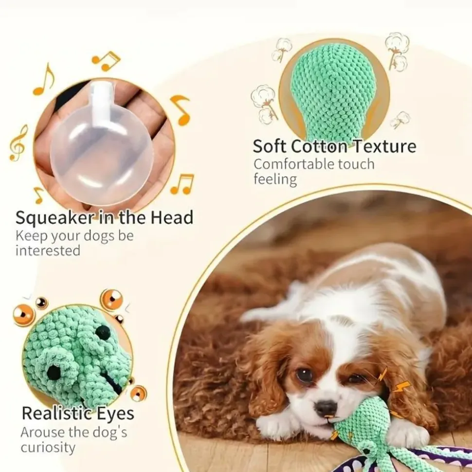 DOWNYPAWS - Jouet En Peluche En Forme De Pieuvre Pour Chien - Résistant Aux Morsures, Couineur Et Nettoyage Dentaire