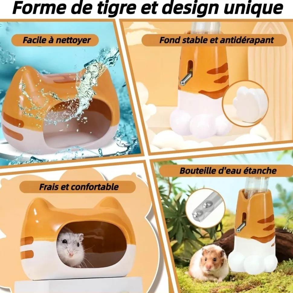 DOWNYPAWS - Lot accessoires hamster - abreuvoir céramique, mangeoire, cachette