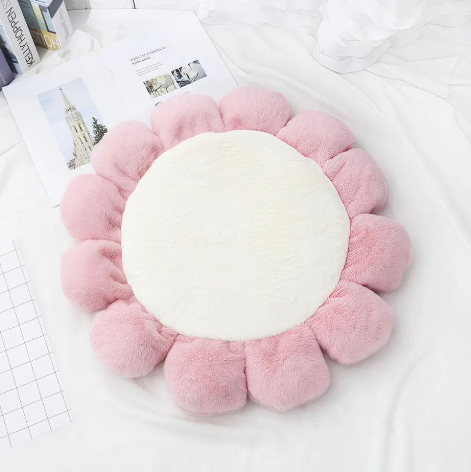 DOWNYPAWS - Tapis rond en fourrure de lapin douce - lit pour chat coussin pour chien tapis girly fleuri pour animaux de compagnie