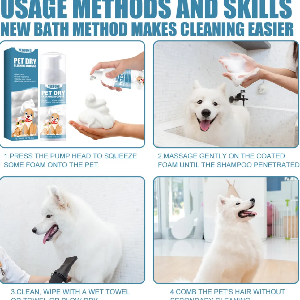 DTOPBUYAGE - Mousse de bain sec pour animaux de compagnie, 60 ml - dtopbuyage