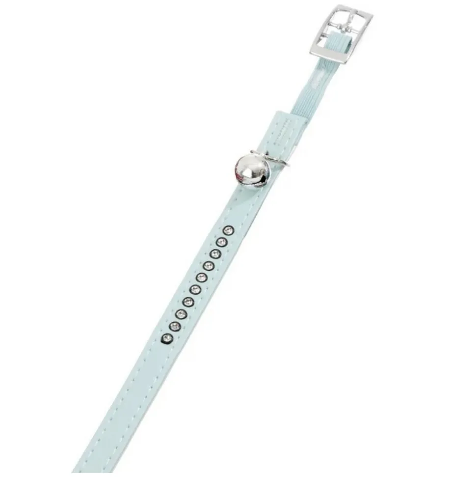 FLAMINGO - Collier 30 cm x 11 mm bleu clair avec strass et clochette pour chat