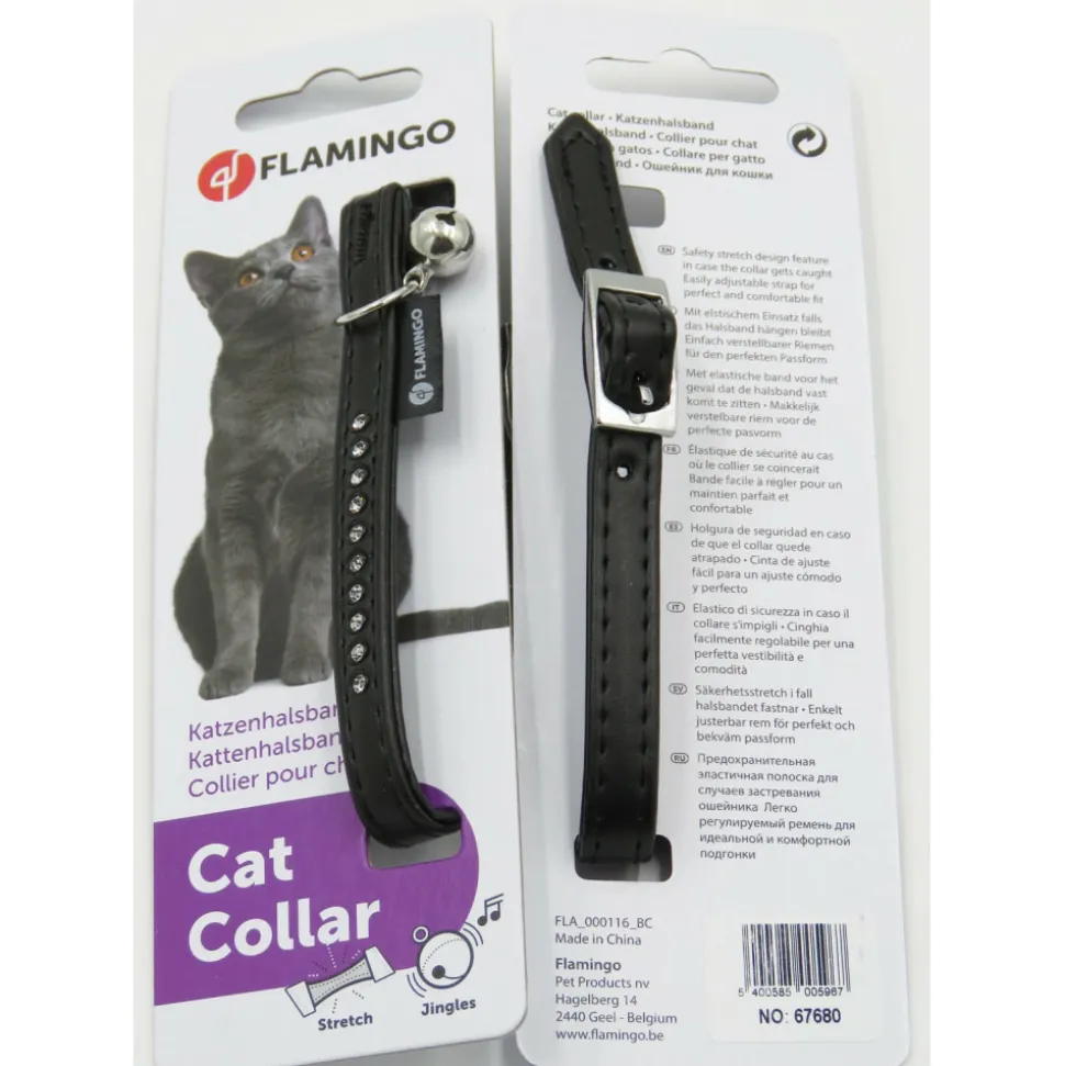 FLAMINGO - Collier 30 cm x 11 mm noir avec strass et clochette pour chat
