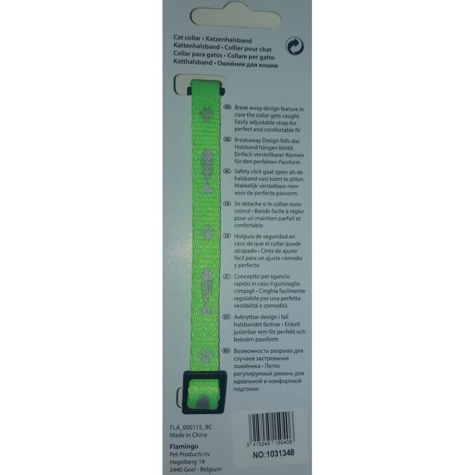 FLAMINGO - Collier réglable de 20 à 35 cm vert motif poisson + clochette pour chat