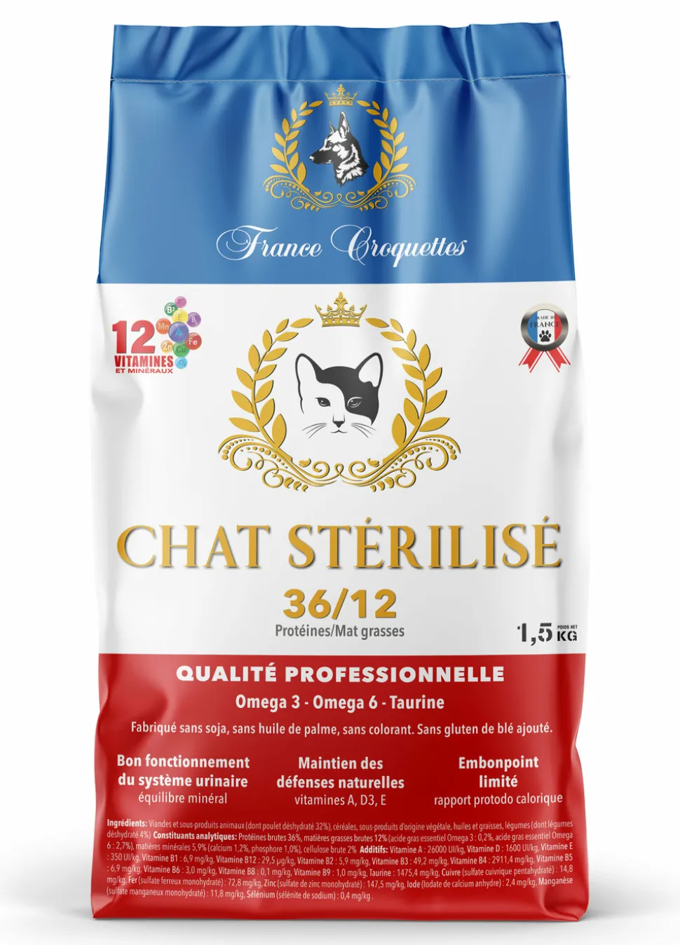 FRANCE CROQUETTES - Croquette pour chat adulte sterilise 36/12 – 1,5kg – chat adulte sterilisé – france croquettes