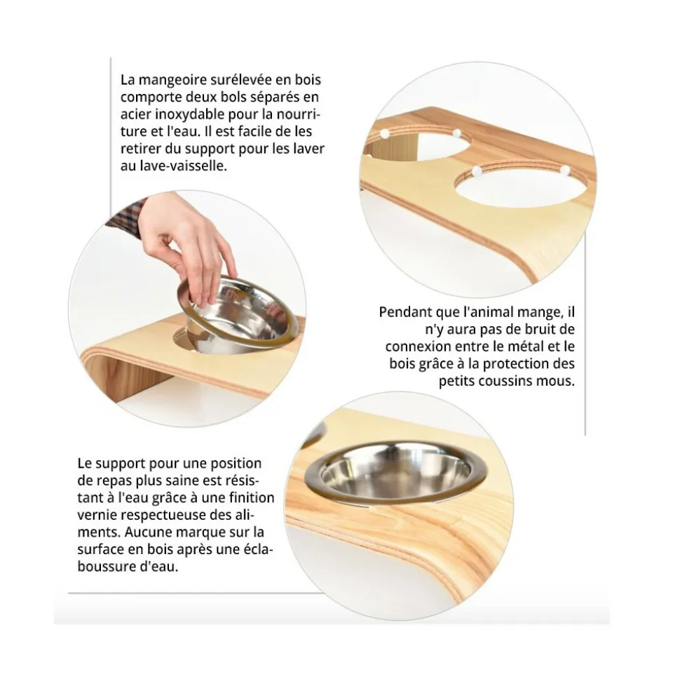 Gero - set de 2 gamelles surélevées en acier, socle bois noyer