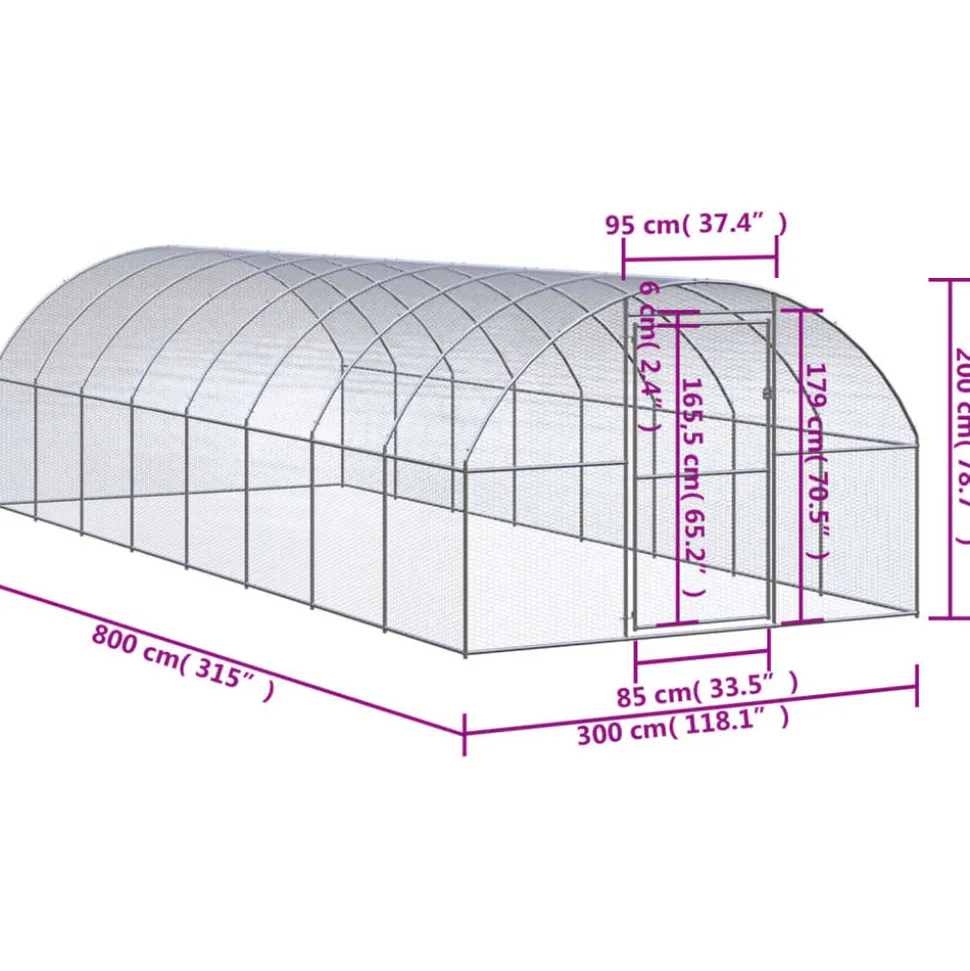 HELLOSHOP26 - Poulailler enclos cage poules d'extérieur 3 x 8 x 2 m acier galvanisé argent