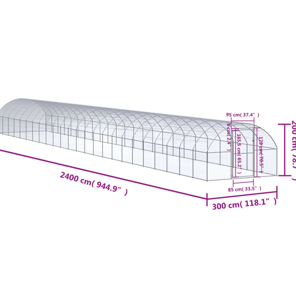HELLOSHOP26 - Poulailler enclos cage poules d'extérieur 3 x 24 x 2 m acier galvanisé argent