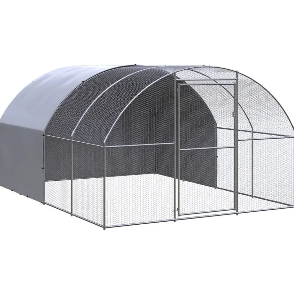 HELLOSHOP26 - Poulailler enclos cage poules d'extérieur 3 x 4 x 2 m acier galvanisé argent