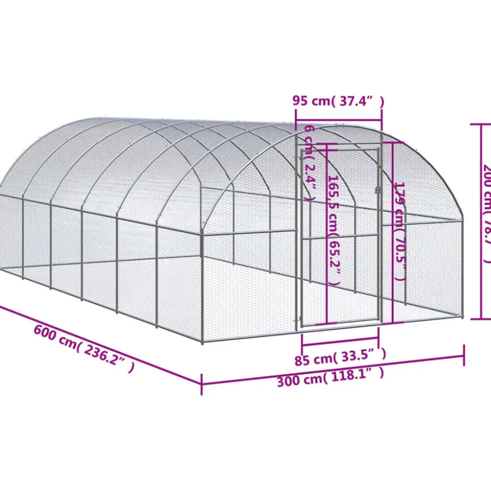 HELLOSHOP26 - Poulailler enclos cage poules d'extérieur 3 x 6 x 2 m acier galvanisé argent