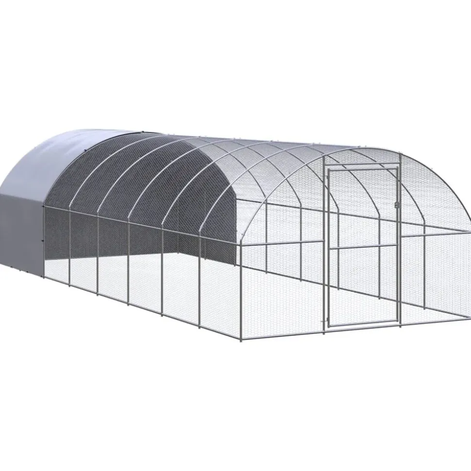 HELLOSHOP26 - Poulailler enclos cage poules d'extérieur 3 x 8 x 2 m acier galvanisé argent