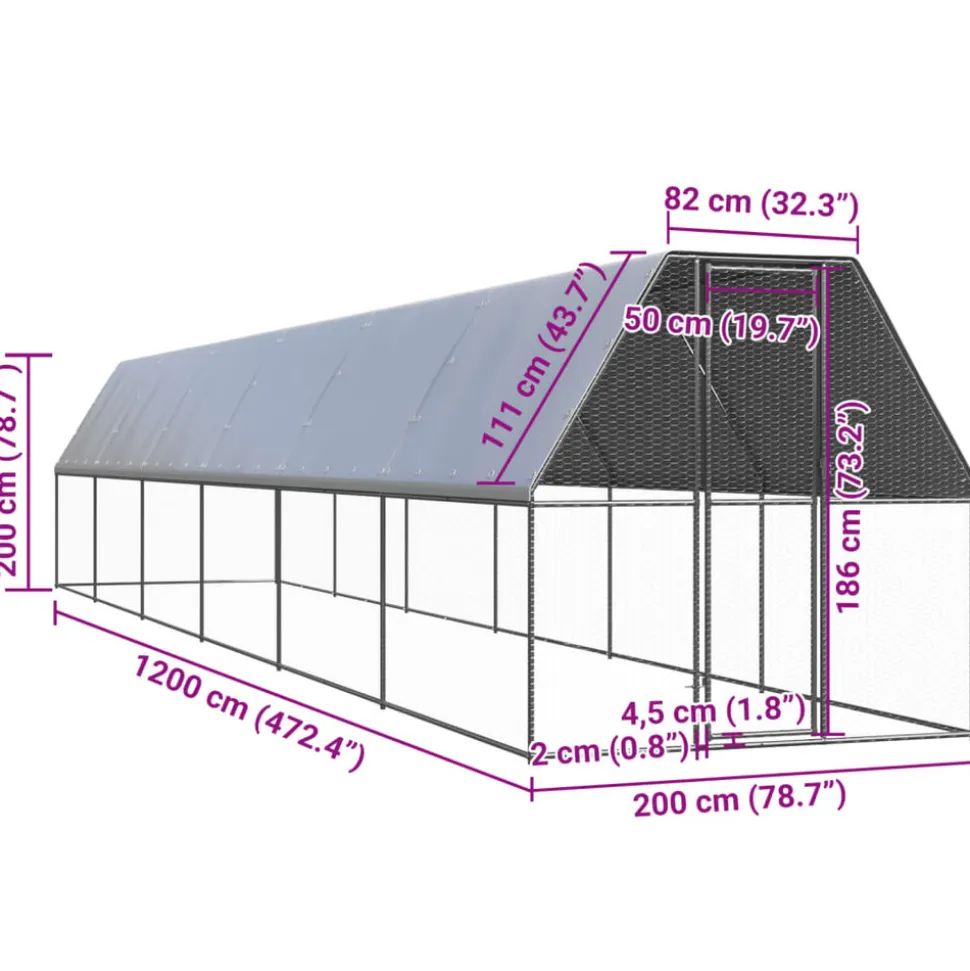HELLOSHOP26 - Poulailler enclos cage poules d'extérieur 2 x 12 x 2 m acier galvanisé argent