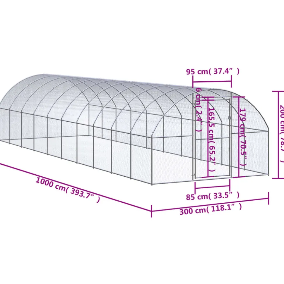HELLOSHOP26 - Poulailler enclos cage poules d'extérieur 3 x 10 x 2 m acier galvanisé argent