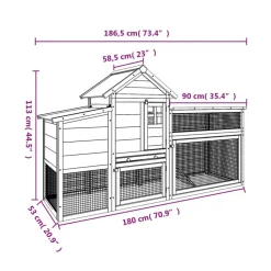 HELLOSHOP26 - Poulailler enclos cage poules 186,5 x 58,5 x 113 cm bois massif de pin gris
