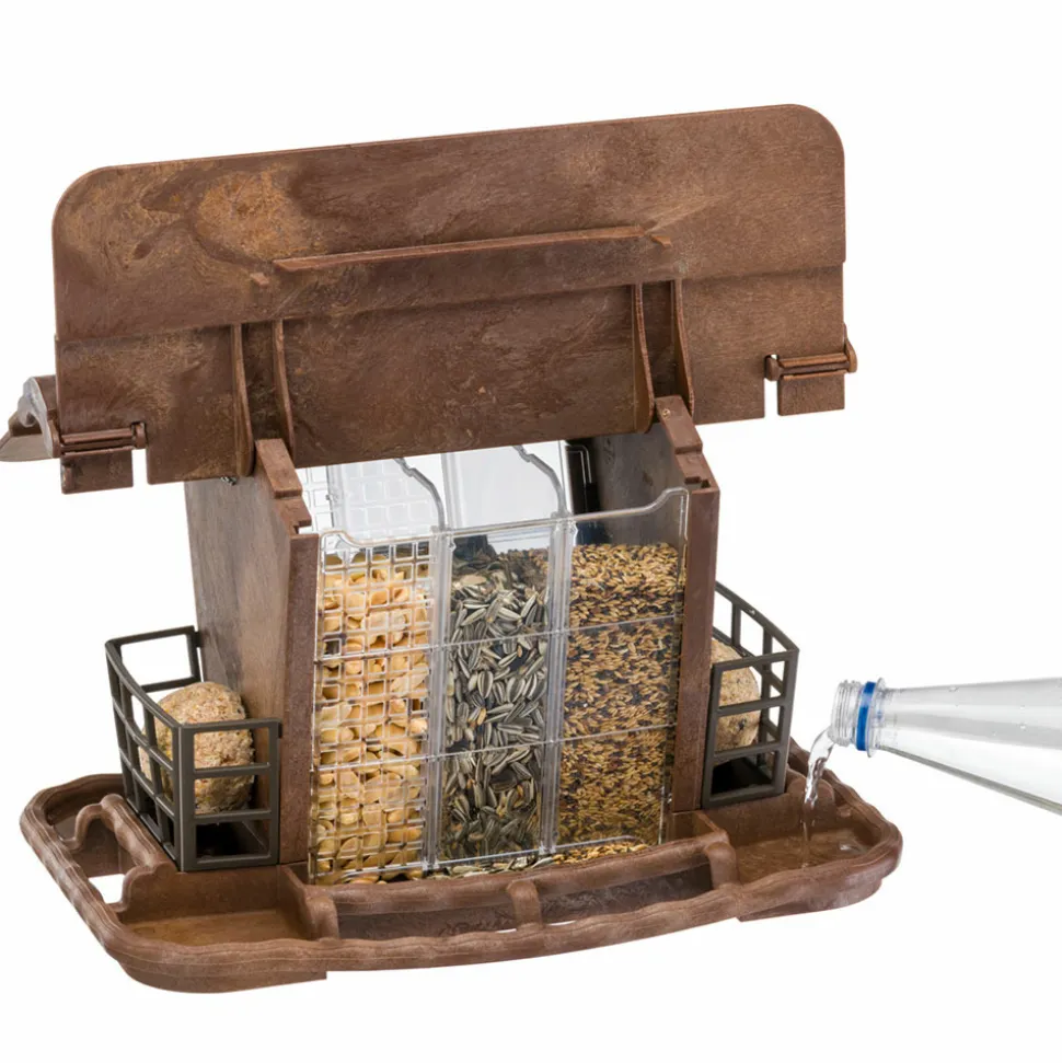 Mangeoire pour oiseaux sauvages jok 2, abri oiseaux, adaptée pour nourriture graines petites noisettes, boules de graisse, eau