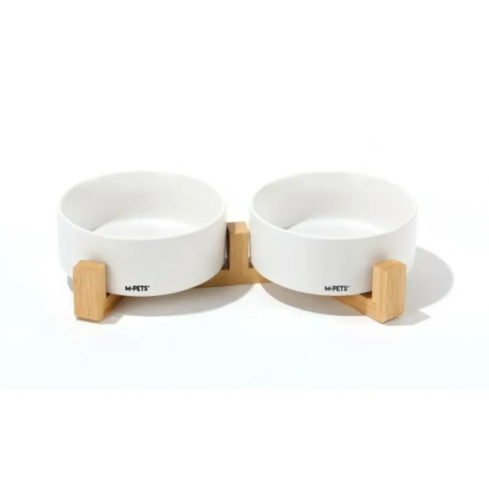 M PETS - Bols céramique avec support en bambou 2x350 ml - mpets - opera - blanc