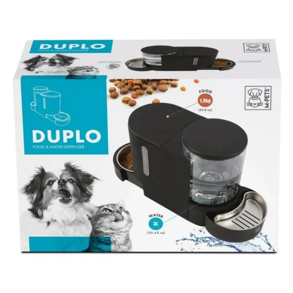 M PETS - Distributeur de croquettes et d'eau m.pets duplo 1,3kg/3l - 40x16.2x29.1 cm - noir
