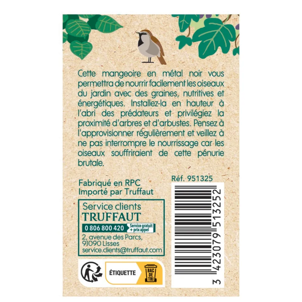 TRUFFAUT BIODIVERSITÉ - Mangeoire Nuance en métal noir pour oiseaux L.20 x l.20 x H.29cm