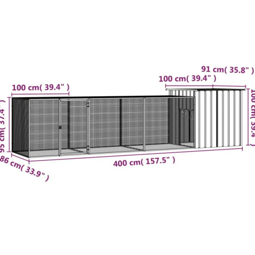 VIDAXL - Cage pour poules gris 400x91x100 cm acier galvanisé